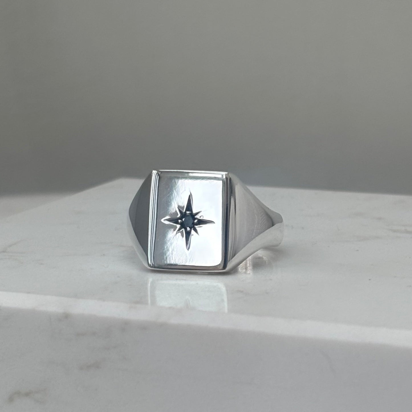 Rectangular Star set diamond signet ring