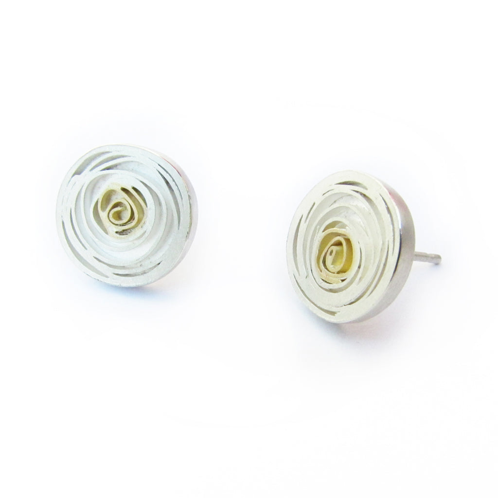 Spiral ear studs, matt silver with 18ct gold