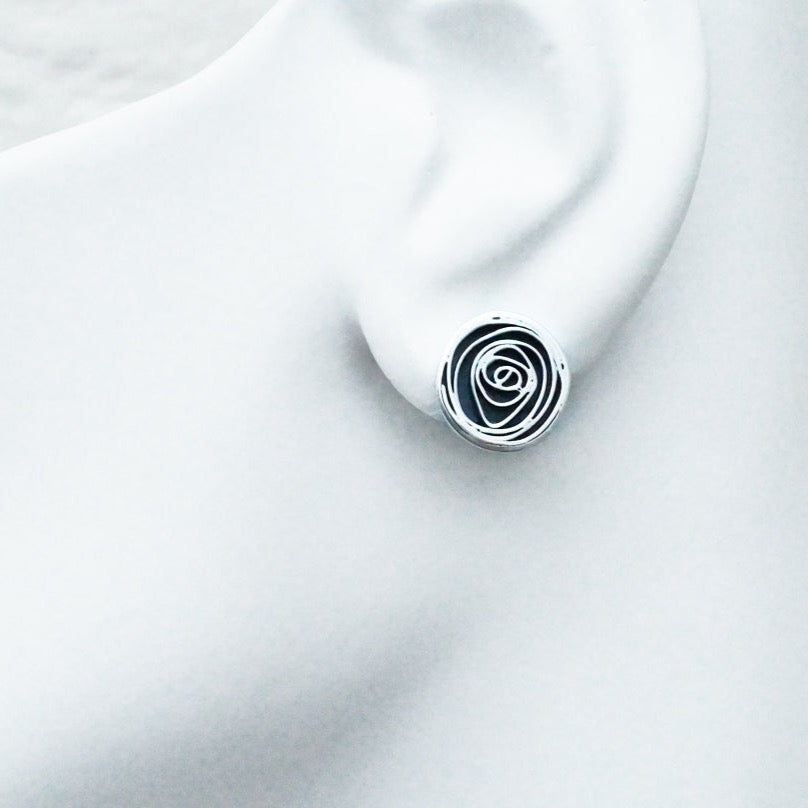 Spiral ear studs, oxidised silver