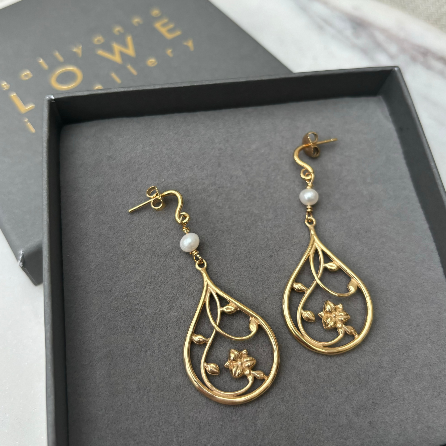 Gold vermeil drop earrings. Pearl. Salyanne lowe jewellery