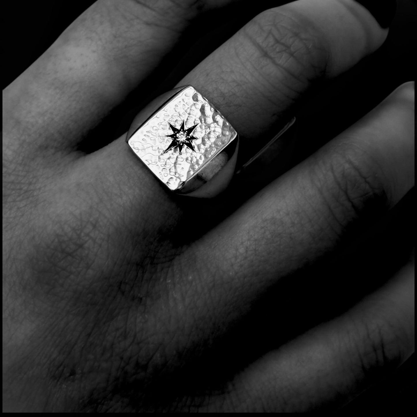 Rectangular Star set diamond signet ring